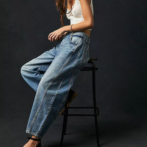 Vaqueros Asimétricos Holgados para Mujer, Pantalones Cargo de Mezclilla Elástica Transpirable con Bolsillos Sueltos, Tallas Grandes, Estilo Casual Lavado, Ropa Urbana Lavable - Product Image 5