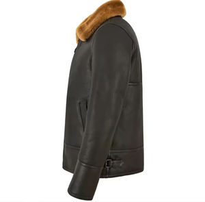 Chaqueta de Cuero Genuino Marrón Oscuro para Hombre con Cuello de Piel, Logotipo Personalizado, OEM, ODM, Venta al Por Mayor - Product Image 4