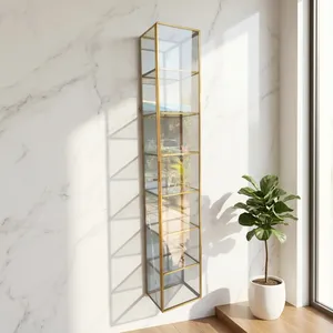 Modern <b>Wall</b> <b>Mounted</b> Glass <b>Shelf</b> with Brass Frame Five Tier Storage Organizer Hut Shape Lacquer Finish for Living Room Decor - Product Image 2