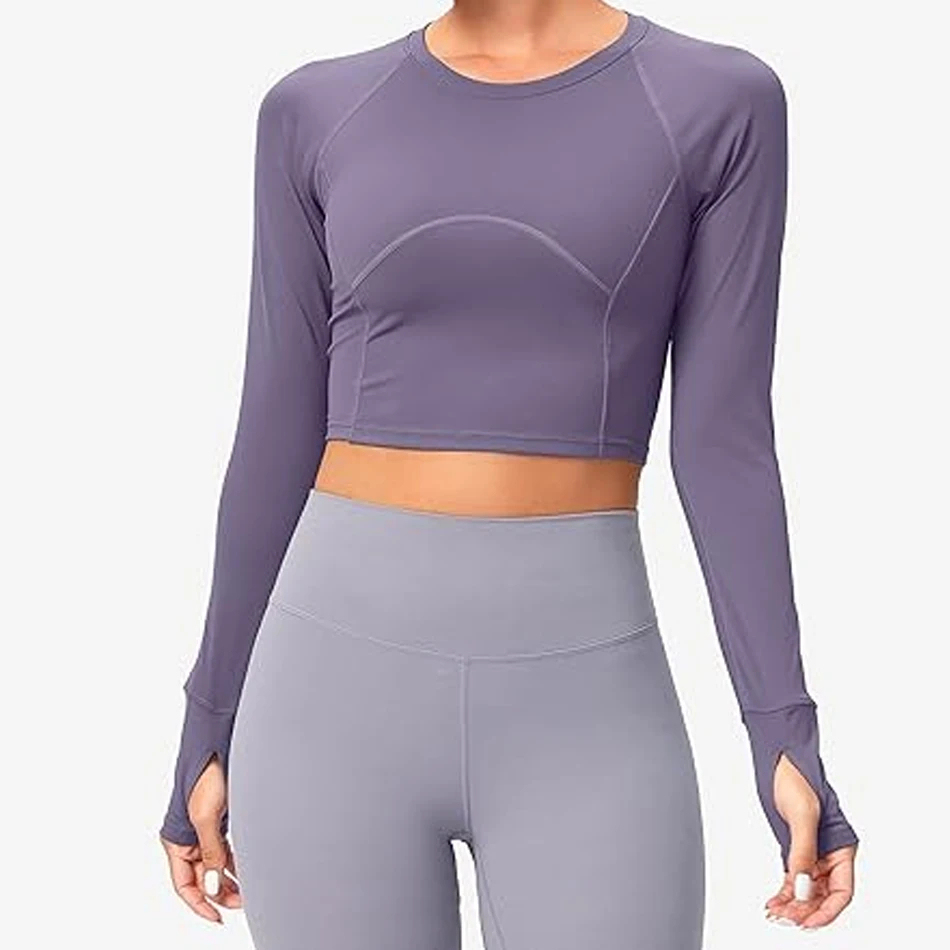 Custom Logo Solid Eco-Friendly Breathable Spandex/Polyester Crop Tank Top Long Sleeve Crew Neck Yoga Activewear for Workout Gym