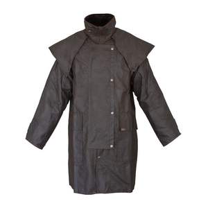 Manteau long imperméable en cuir huilé noir/marron pour homme, 100% coton, rembourré de duvet de canard gris, pour l'équitation - Product Image 1