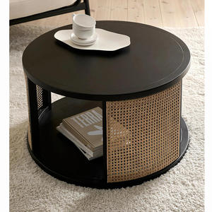 Modern Light Luxury Solid <b>Wood</b> <b>Round</b> <b>Coffee</b> <b>Table</b> With Natural Rattan Side Panels and Open Storage For Living Room Apartment - Product Image 2