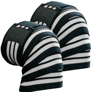 Genouillère de compression unisexe noire et blanche rayée en tricot respirant avec fermeture auto-agrippante pour la protection du genou - Product Image 2