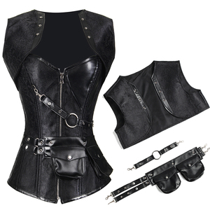 Corsé de cuero PU para mujer con cremallera y bolsillos, faja moldeadora de control firme, negro - Product Image 3