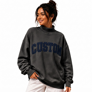 Sweat-shirt oversize à col montant pour femme, style streetwear, 100 % coton molletonné respirant, épaules tombantes, manches longues, vert uni, automne - Product Image 1