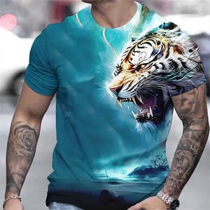 <b>Men's</b> White Short Sleeve Round Neck Heavyweight Streetwear T-Shirt with Digital Printing Regular Fit Cotton Jersey Fabric - Product Image 4