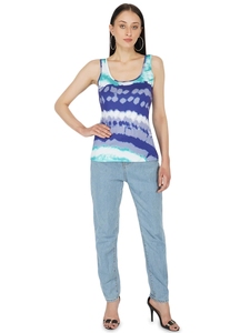 Débardeur Tie-Dye pour Femme, Col Rond, en Coton Tricoté, Décontracté, Sans Manches, Motif Bleu, Vert et Blanc, Idéal pour l'Été - Product Image 3