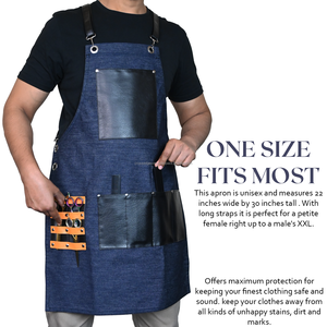 Jeans bleus tabliers de barbier pour hommes femmes tabliers de coiffeur bretelles croisées avec cuir PU grandes poches réglables - Product Image 2