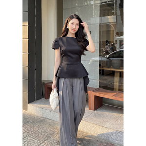 กางเกงขายาวทรงกว้างสีเทาสำหรับผู้หญิง สไตล์หรูหราสำหรับฤดูใบไม้ร่วง เอวสูง จีบระบาย ใส่ทำงานหรือลำลองได้ สวมใส่สบาย ระบายอากาศดี ผ้าไม่ยับ ODM NERINA - Product Image 3