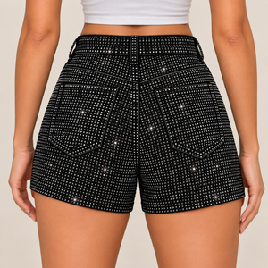Shorts de mezclilla negros con pedrería para mujer, cintura alta, adornados con brillos, shorts casuales de moda - Product Image 2
