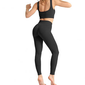 Ensemble de sport sans couture 2 pièces pour femme, haute qualité, avec logo frontal, taille haute, extensible, en Spandex/Nylon, pour la gym et le fitness (vente en gros) - Product Image 3