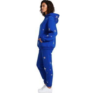 <b>Women</b> Blue Solid 100% Cotton Eco-Friendly Pullover Hoodie Sweatpants Set Long Sleeve Hooded Sweatshirt <b>Jogger</b> Pants Two Piece - Product Image 5