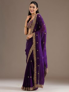 <b>Purple</b> Satin Silk <b>Saree</b> Embroidered Blouse Cutwork Border Traditional Indian Dress for Wedding Party Festive Wear - Product Image 3