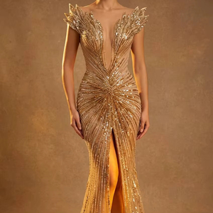 Wholesale Sparkling Beaded Mermaid Formal Dress Deep V Sexy Long Evening Gown For Wedding Party Celebrity Style Factory - Product Image 1