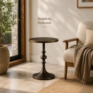 Modern <b>Round</b> Pedestal Side <b>Table</b> with Antique Bronze Finish | Minimalist Accent End <b>Table</b> with Sculpted Column Base for Home - Product Image 4