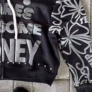 Sweat à capuche personnalisé avec strass, style hip-hop streetwear oversize, fermeture éclair, pour hommes et femmes, avec impression diamantée en relief - Product Image 3