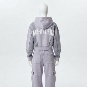 Women Washed <b>Cropped</b> Zip Up Hoodie and Wide Leg Cargo <b>Jogger</b> Pants Two Piece Tracksuit Set - Product Image 4