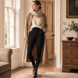 Leggings noirs taille haute pour femmes, coupe ajustée, tricotés en coton et élasthanne, couleur unie, respirants, longueur intégrale, pour l'hiver et le quotidien - Product Image 4