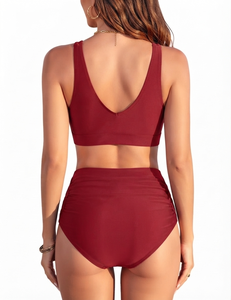 Conjunto de Bikini Rojo de Alta Calidad para Mujer, Traje de Baño de Dos Piezas con Control de Abdomen, Top Corto Cruzado, Traje de Baño para Playa de Verano con Cuello en V - Product Image 2