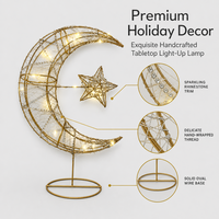 Lampe de table en métal à piles avec LED, strass et forme de croissant de lune, base en fil métallique étoilé et ovale, pour la décoration murale de la maison pendant le Ramadan