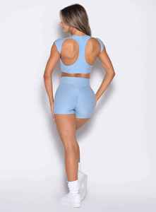 Ensemble de sport 2 pièces bleu clair pour femme, débardeur court sans manches et short taille haute, couleur unie, tricoté, respirant, pour le printemps et l'été - Product Image 6