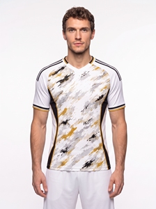 Maillot de football sublimé pour homme, col en V, manches courtes, anti-transpiration, coupe athlétique, imprimé camouflage blanc, noir, or - Product Image 1
