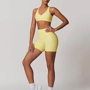 Conjunto de Yoga de 2 Piezas para Mujer, Amarillo, Cintura Alta, Top Corto sin Costuras, Pantalones Cortos Transpirables de Spandex y Poliéster, Ropa Deportiva - Product Image 5