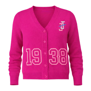 Pink Embroidered Cardigan Women 1938 Graphic Knit Sweater Button Front Fashion Outerwear Casual Long Sleeve Warm Layer Clothing - Product Image 1