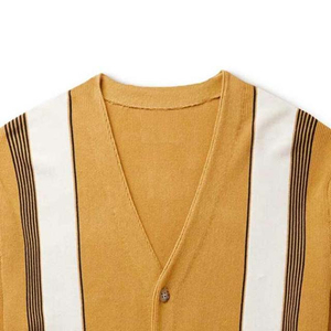 Cardigan en tricot décontracté jaune moutarde rayé à col en V pour femme, manches longues, avec poches, anti-boulochage, idéal pour l'automne - Product Image 2