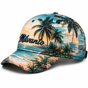 Casquette de baseball à 6 panneaux avec logo brodé personnalisé et sublimation |   Casquette snapback à imprimé palmiers tropicaux hawaïens sur toute la surface, réglable - Product Image 1