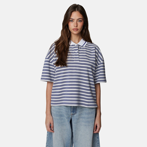 Polo de Manga Corta a Rayas para Mujer, Tejido, Casual, con Patrón Azul y Blanco - Product Image 6