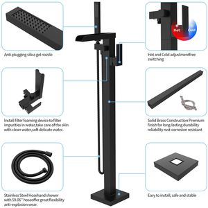 Rubinetto Termostatico per Vasca da Bagno Freestanding con Cascata e Doccetta, in Ottone Nero, Montaggio a Pavimento - Product Image 3