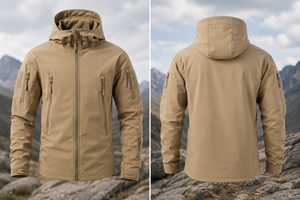 Veste softshell à capuche pour homme, coupe-vent, hydrofuge, style vêtements de travail d'extérieur, coupe régulière, fermeture éclair, couleur beige - Product Image 2