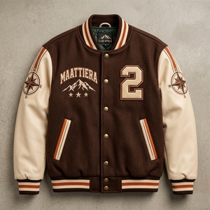 <b>Men</b> Brown Letterman <b>Jacket</b> <b>Cream</b> Leather Sleeves Motorcycle Graphic Embroidered Design Snap Front Ribbed Streetwear - Product Image 6