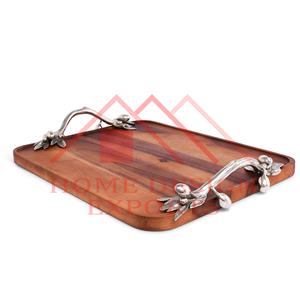 Plateau de service rectangulaire en bois d'acacia avec poignée en métal pour hôtels et restaurants 2024 Meilleur plateau en bois de vanité pour dessus de table - Product Image 2