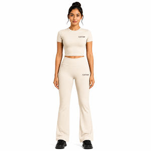 ODM Custom Women <b>Royal</b> <b>Blue</b> Yoga Set Crew Neck Short Sleeve Crop Top T Shirt High Waist Flare <b>Leggings</b> Activewear Workout Suits - Product Image 5