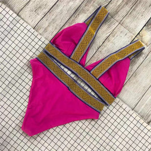 Conjunto de Bikini Rosa para Mujer, Top con Hombros Descubiertos, Ribete en Contraste, Spandex, Poliéster Elástico, Secado Rápido, Traje de Baño Ecológico - Product Image 1