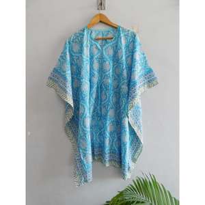 Vestido Kaftán Maxi de Algodón con Estampado de Bloques, Cuello en V, Manga Murciélago, Hecho a Mano, Estilo Boho, para Playa, Túnica Holgada, Ecológico, Natural y Transpirable - Product Image 2