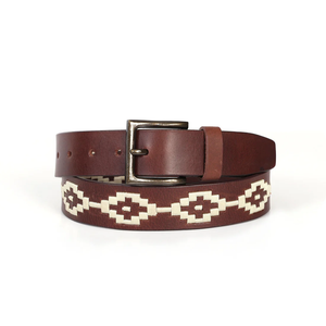 Luxury Handmade Brown Leather Argentine Polo <b>Belt</b> With Forest Green Navy White And <b>Red</b> Pampa Diamonds - Product Image 3