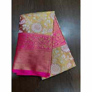 ผ้าไหมคันจิวารัมเนื้อละเอียด งานปักดิ้นทองและมินา พร้อมเสื้อส่าหรีแบบยังไม่เย็บติด - Product Image 1