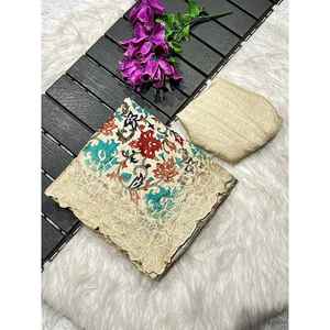 BORDURE ATTRACTIVE DE BRODERIE EN SOIE AVEC COUPE TRAVAIL SAREE AVEC CHEMISIER NON COUDU BLANC CASSÉ - Product Image 1