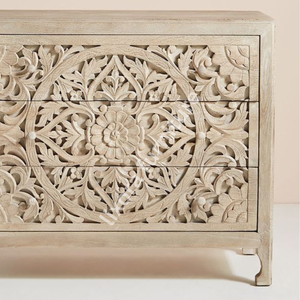 Luxury Handcrafted Solid Wood 3 <b>Drawer</b> Dresser Ornate Floral Mandala Carving Antique Natural Finish - Product Image 3