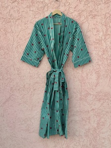 Green Striped Kimono <b>Robe</b> for Women Red Heart Hand Block Print Wrap Cotton Bathrobe Cozy Loungewear Spring/Summer <b>Beach</b> Cover - Product Image 4