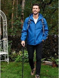 Blue Hooded Windbreaker <b>Jacket</b> Full Sleeve Zipper Closure Waterproof Casual Solid Color Regular Length Outerwear - Product Image 1