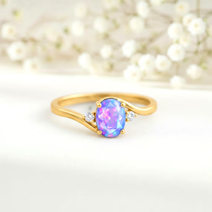 Minimalist Oval Lavender Fire <b>Opal</b> <b>Ring</b> October Birthstone <b>Ring</b> 925 Sterling Silver 18K <b>Gold</b> Filled Natural Gemstone Jewelry - Product Image 5