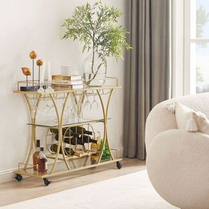 Carrello Bar in Vetro Elettroplaccato Oro con Portabottiglie e Portabicchieri per Servizio in Cucina - Product Image 2