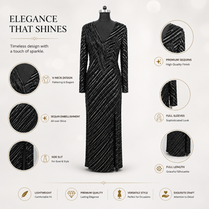 Vestido de Noche Negro de Lentejuelas para Mujer, Elegante, con Cuello en V |   Vestido Largo de Manga Larga, Diseño Premium, para Fiestas, Bodas y Recepciones - Product Image 5