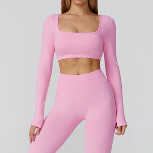 Purple 2 Piece Yoga <b>Set</b> <b>Square</b> Neck Long Sleeve Crop Top High Waist Shorts Sweat Wicking Seamless Design - Product Image 3
