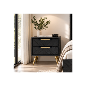 Premium Wooden <b>Bedside</b> <b>Table</b> With Herringbone Inspired Front Design, <b>Compact</b> Storage Drawer And Mid Century Style For Bedroom - Product Image 1