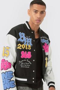 Chaqueta Varsity Negra y Amarilla para Hombre, con Cierre, Cuello Alto, Estampado de Letras y Parches, Estilo Béisbol - Product Image 4